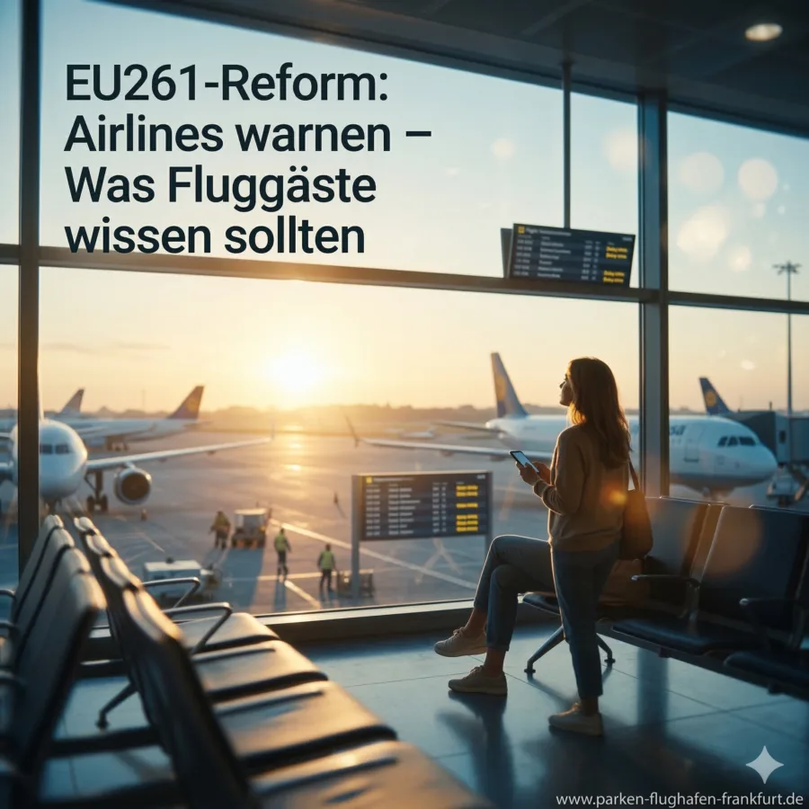 Frau im Flughafenwartebereich mit Smartphone blickt auf Start- und Anzeigetafeln, Flugzeuge am Gate bei Sonnenuntergang, Thema EU261-Reform für Fluggastrechte