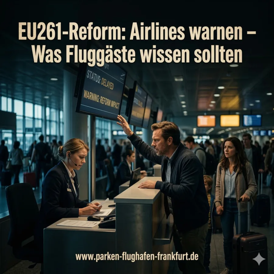 Fluggast spricht am Check‑in-Schalter mit Airline-Mitarbeiterin vor Anzeigetafel mit Hinweis auf verspäteten Flug und EU261-Reform, wartende Familie im Hintergrund