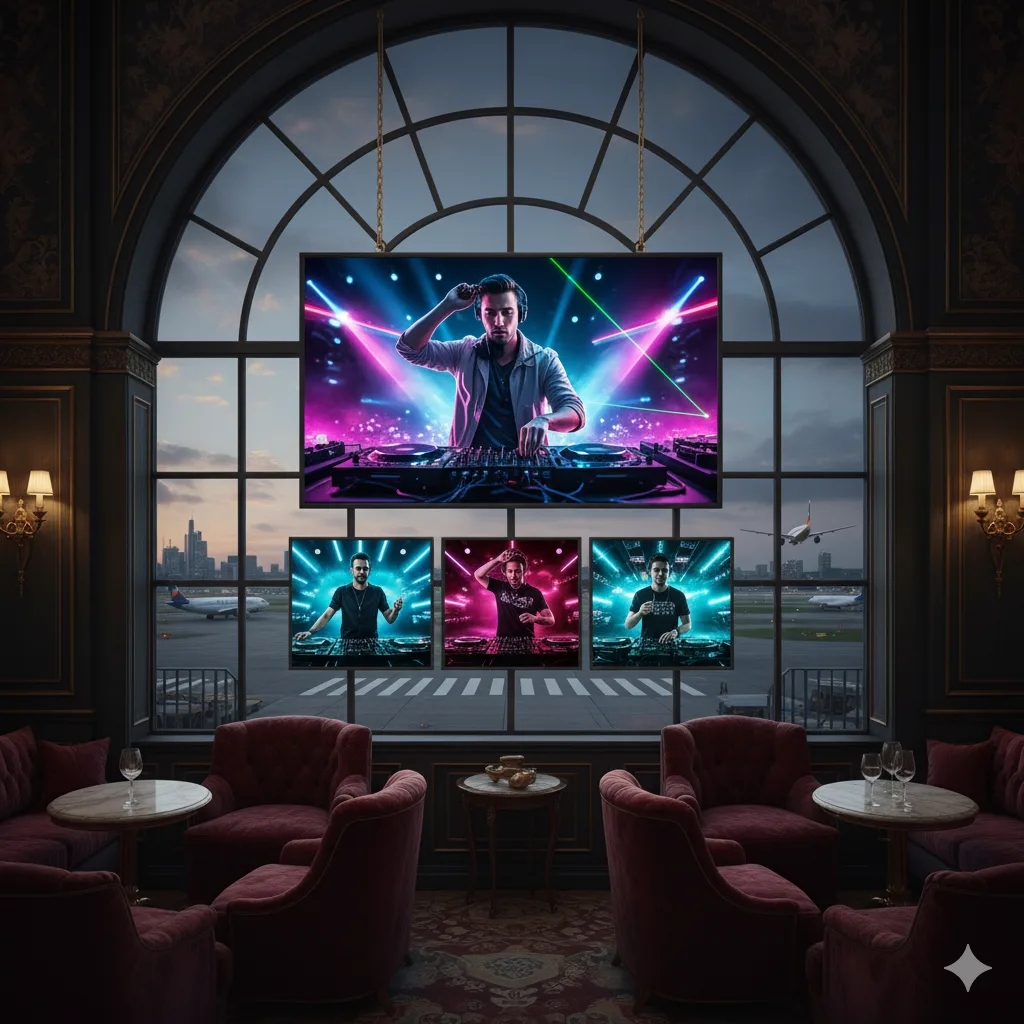 Luxuriöse Hotelbar mit großen Fenstern zum Flughafen und mehreren Bildschirmen, die bunte DJ-Performances und Neon-Lichteffekte zeigen