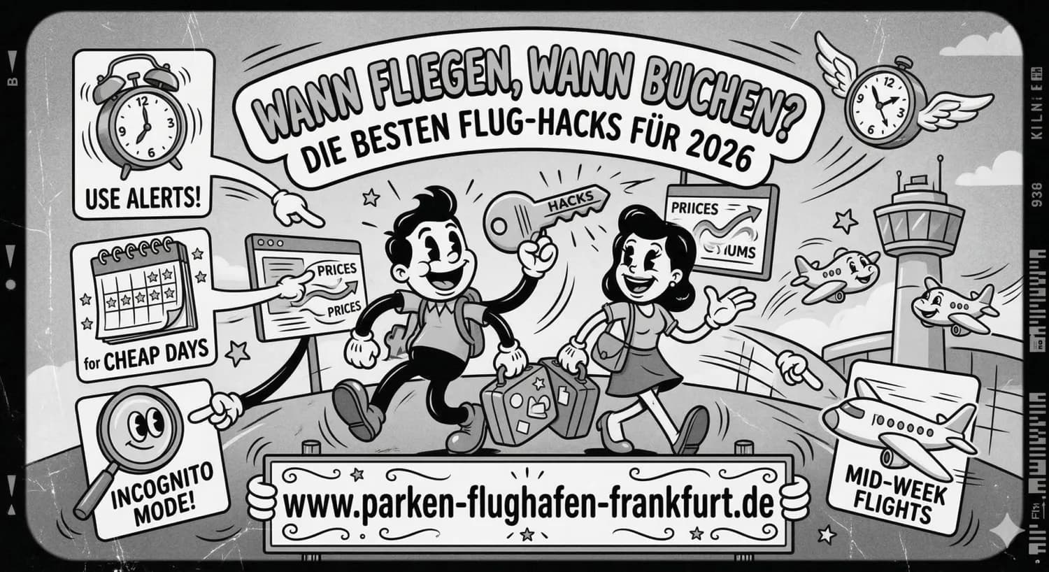 Cartoon-Illustration zweier fröhlicher Reisender mit Koffern vor Flughafen, Textbanner Wann fliegen, wann buchen und Tipps wie Use alerts, Incognito mode, Cheap days, Mid-week flights, Flughafenturm und startende Flugzeuge