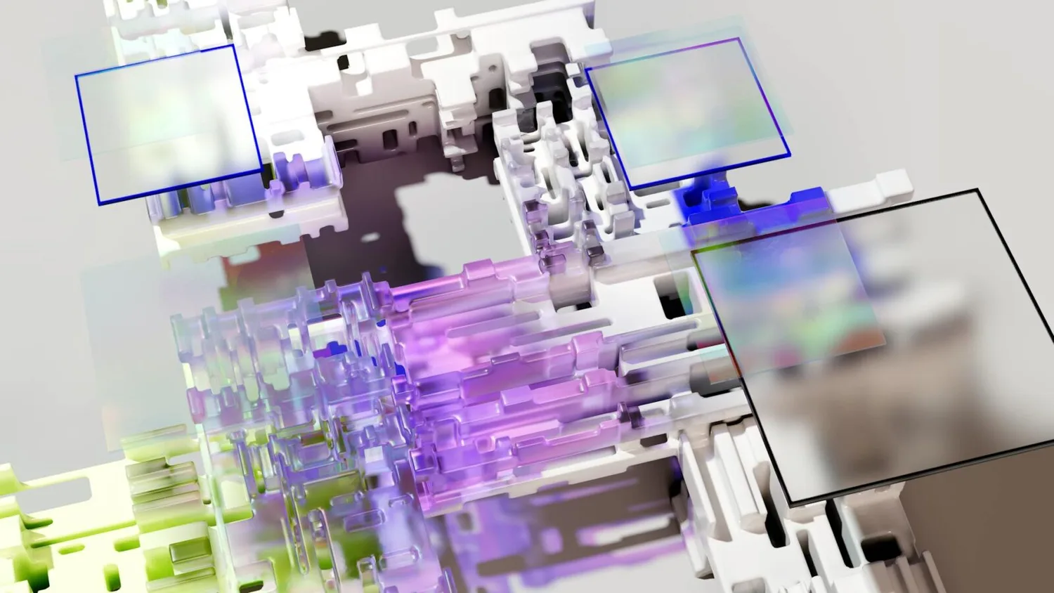 Abstrakte 3D-Illustration modularer, kristalliner Strukturen in Pastellfarben mit quadratischen Glasplatten, symbolisiert agentic commerce und AGI-Technologie