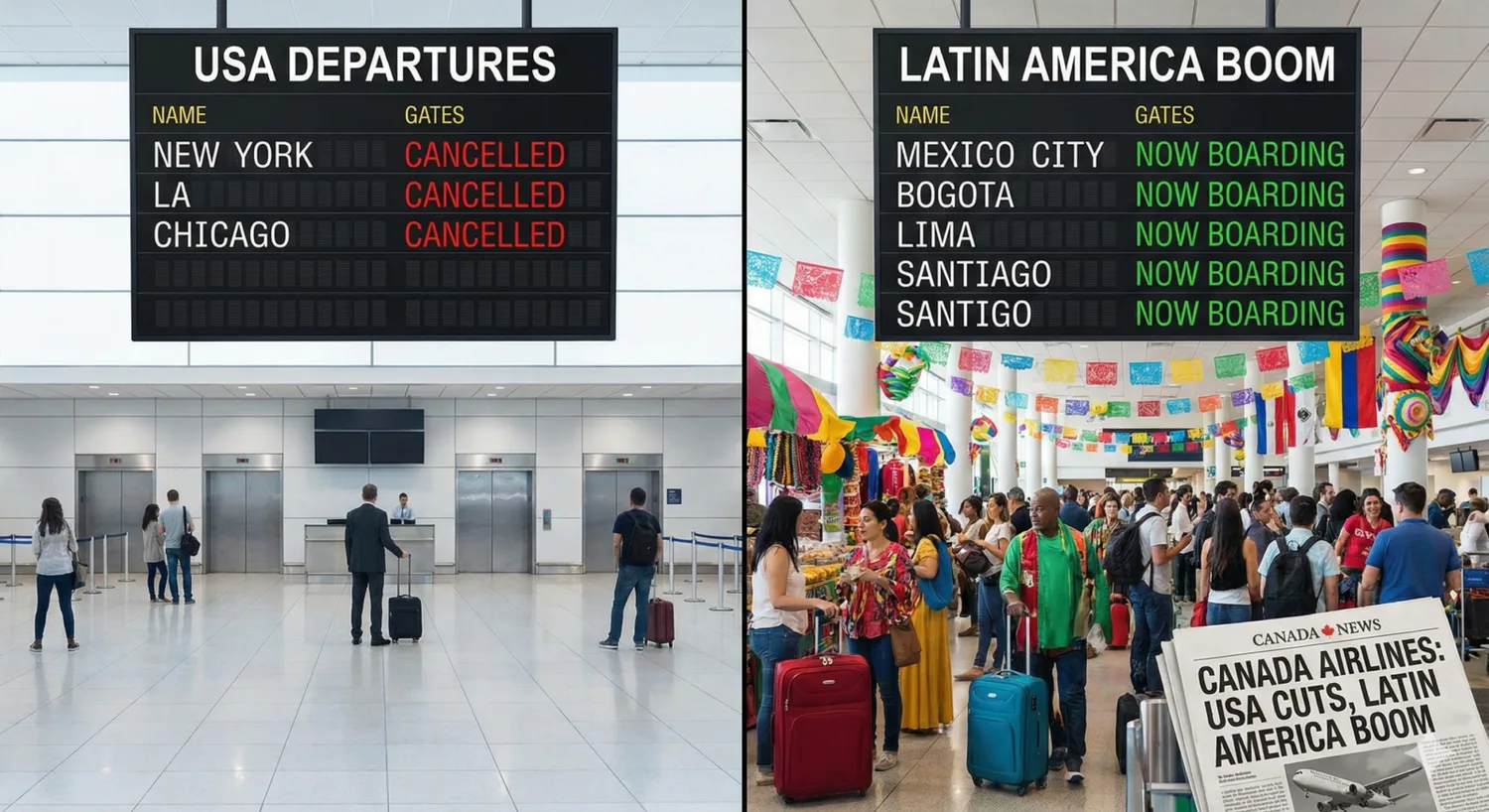 Zweiteiliges Flughafenmotiv mit Anzeigetafeln: links leerer Abflugbereich USA mit Anzeigen »Cancelled«, rechts belebte Terminalhalle mit bunten Dekorationen und Anzeigetafel »Latin America Boom« sowie wartenden Reisenden