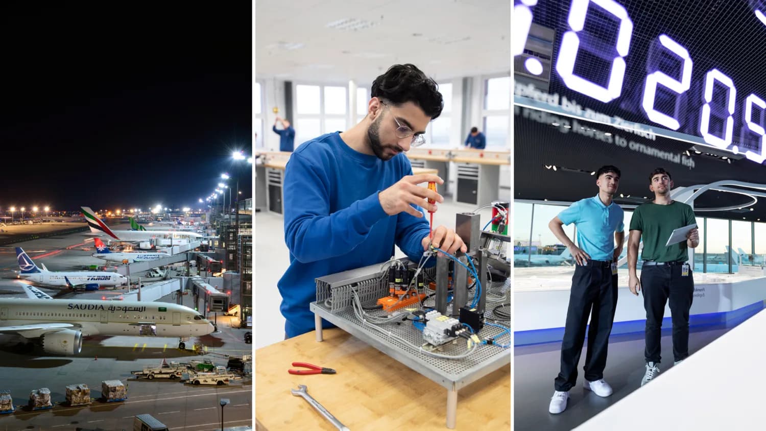 Dreiteiliges Header-Bild: Nachtflughafen mit geparkten Passagierflugzeugen am Gate, Techniker bei der Montage einer Schalttafel in Werkstatt und zwei junge Männer mit Tablet unter großer digitaler Anzeige in moderner Messe- oder Ausstellungsumgebung