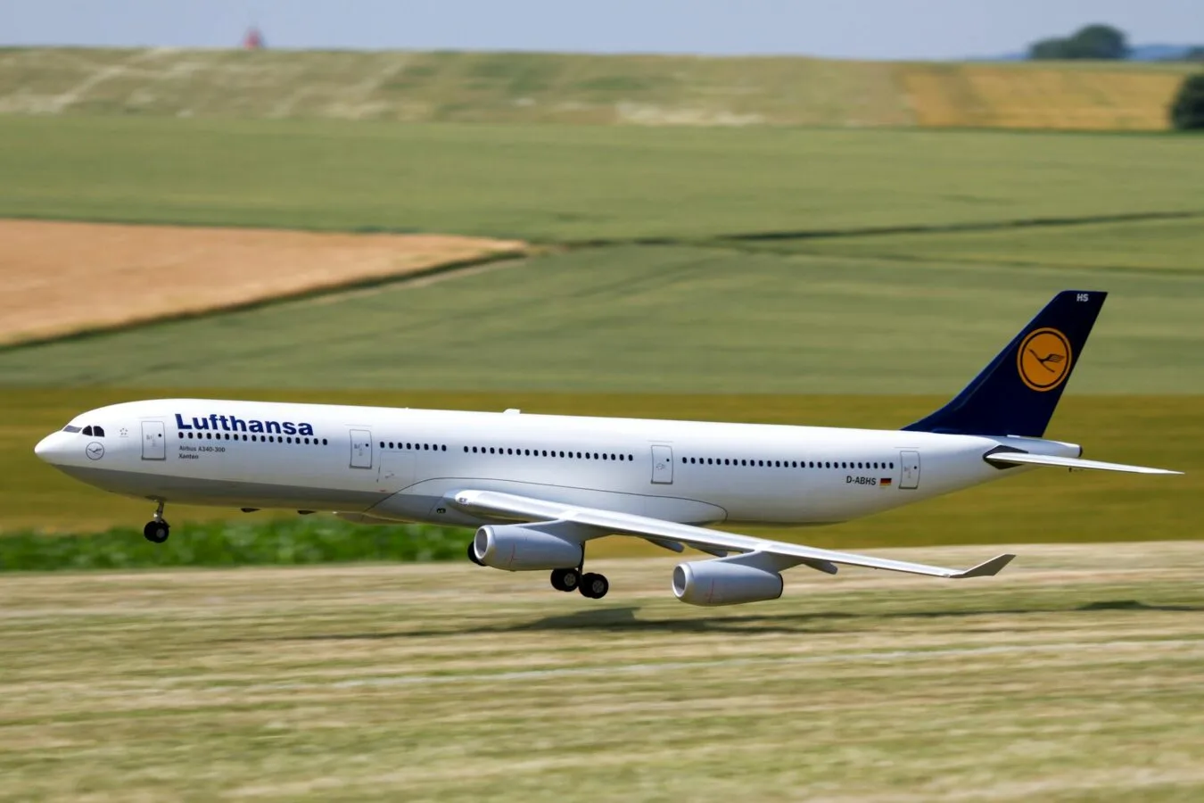 Lufthansa Passagierflugzeug Airbus beim Start oder Landeanflug über grünem Feld