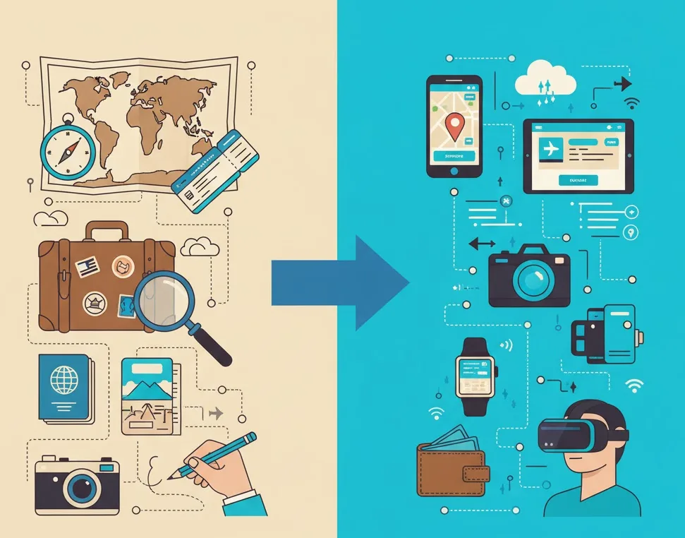Illustration gegenüberstellung von analoger reiseplanung mit weltkarte koffer pass foto kamera und stift und digitaler reiseentwicklung mit smartphone tablet smartwatch vr-brille kamera und cloud-vernetzung