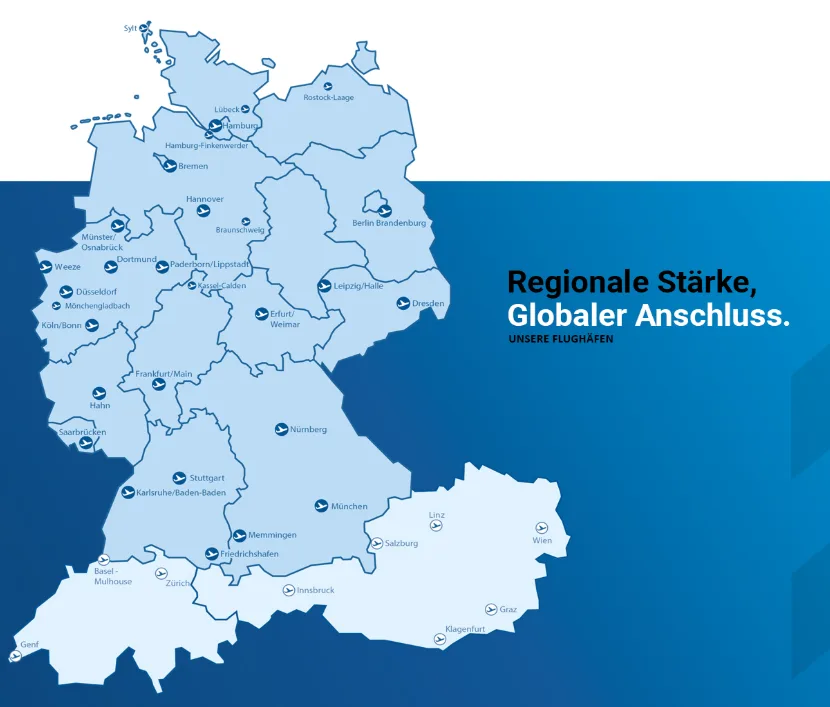 Karte Deutschlands und angrenzender Länder mit markierten Flughäfen und Slogan ‚Regionale Stärke, Globaler Anschluss‘ – ADV Flughafenverband Website-Screenshot