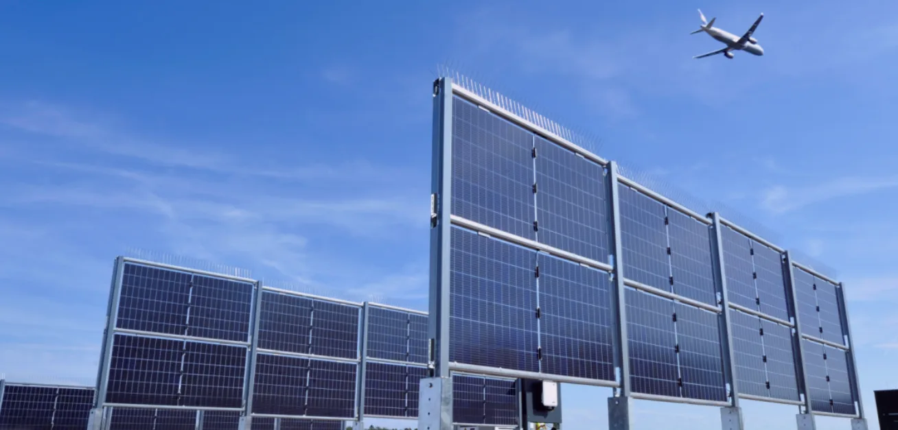 Vertikale Solarmodule von Fraport als Lärmschutz- und Energieanlage am Flughafen mit Flugzeug im Himmel