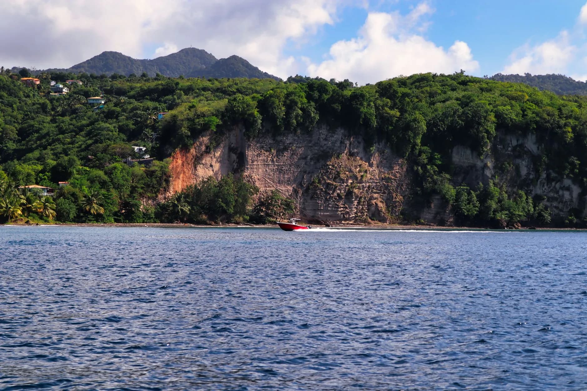 Rotes Motorboot fährt an einer bewaldeten Steilküste mit Bergen im Hintergrund vorbei