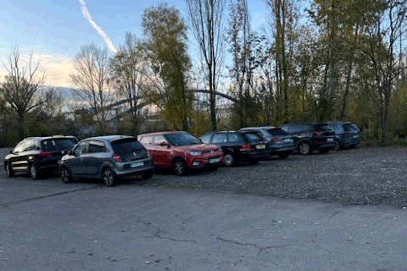 Reihe geparkter Autos auf einem Kiesplatz vor einer Baumreihe bei Dämmerung.