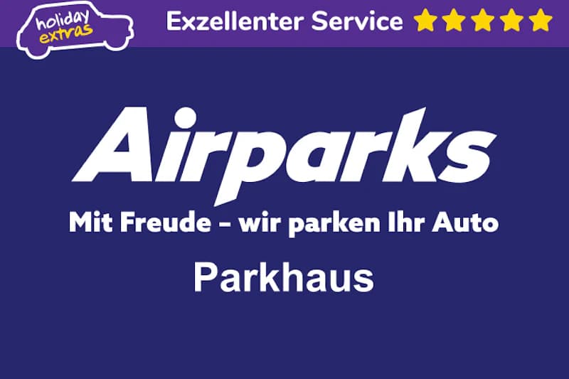Dunkelblaues Schild mit weißem Airparks Schriftzug, Slogan Mit Freude - wir parken Ihr Auto und dem Wort Parkhaus.