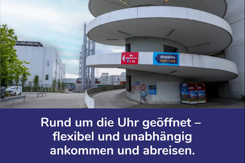 Spiralförmige Parkhausrampe mit Airparks-Schild und Einfahrtsbereich am Flughafen Frankfurt.
