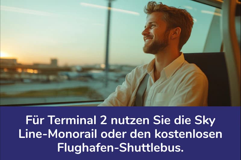 Mann lächelt aus Fenster eines Flughafen-Transfers; Textbanner zu Sky Line-Monorail und Flughafen-Shuttlebus.