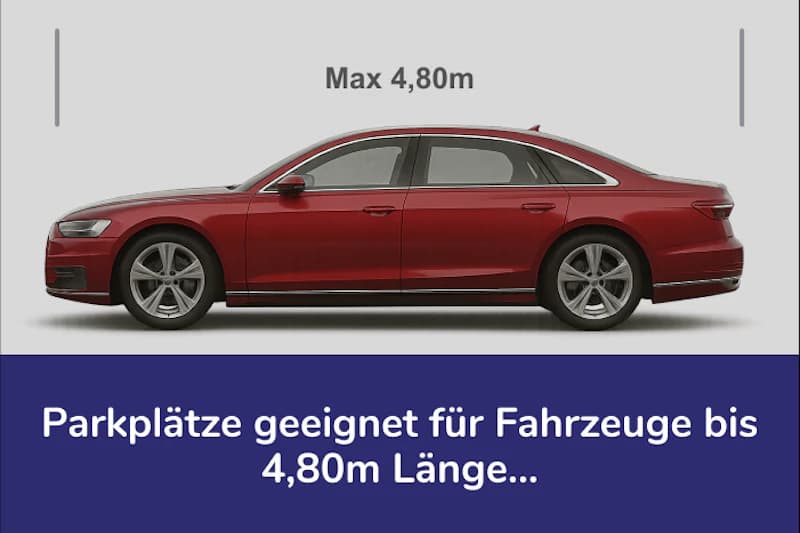 Seitenansicht eines roten Limousinenwagens mit Text Max 4,80m und blauem Banner zur Längenangabe.