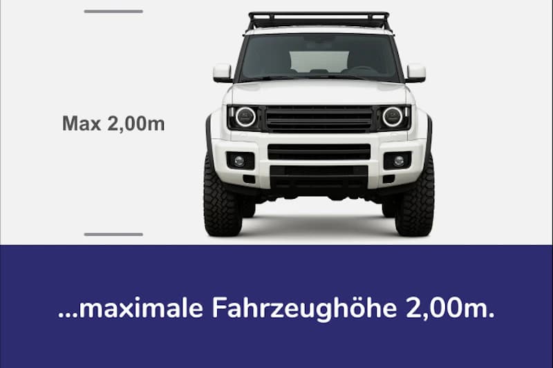 Weißen Geländewagen frontal vor hellem Hintergrund mit dem Text Max 2,00m links und Balken.