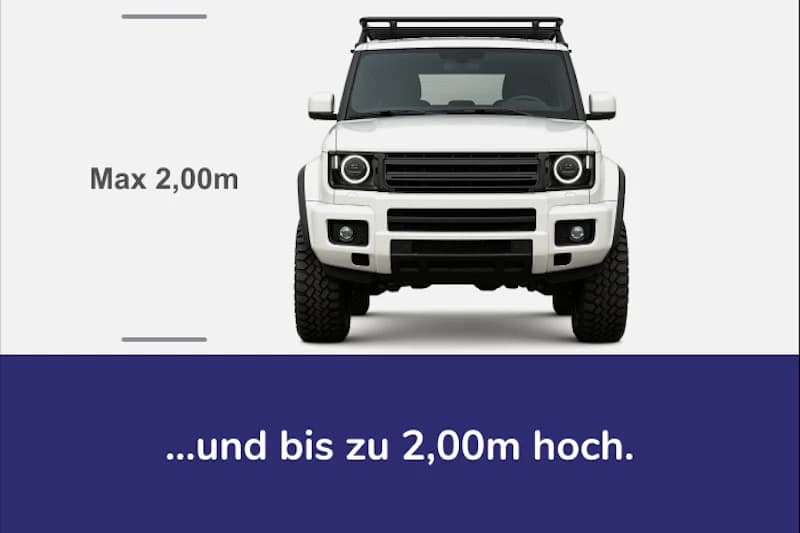 Weiße Geländelimousine frontal mit Markierung Max 2,00 m und Hinweis auf 2,00 m Höhe.