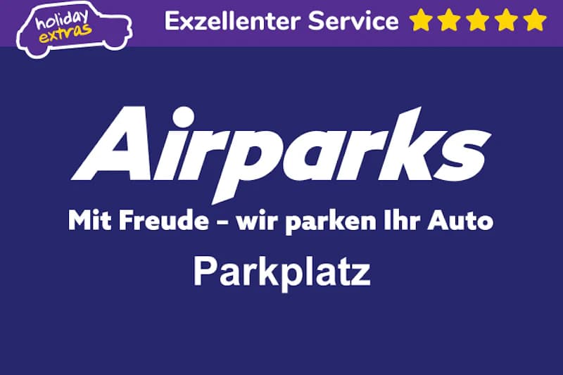 Blaue Werbetafel mit Airparks-Logo, Slogan Mit Freude - wir parken Ihr Auto und dem Wort Parkplatz.