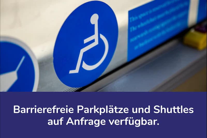 Blauer Rollstuhlsymbolaufkleber auf Glas neben einem weiteren Symbol; violetter Balken mit Hinweistext.