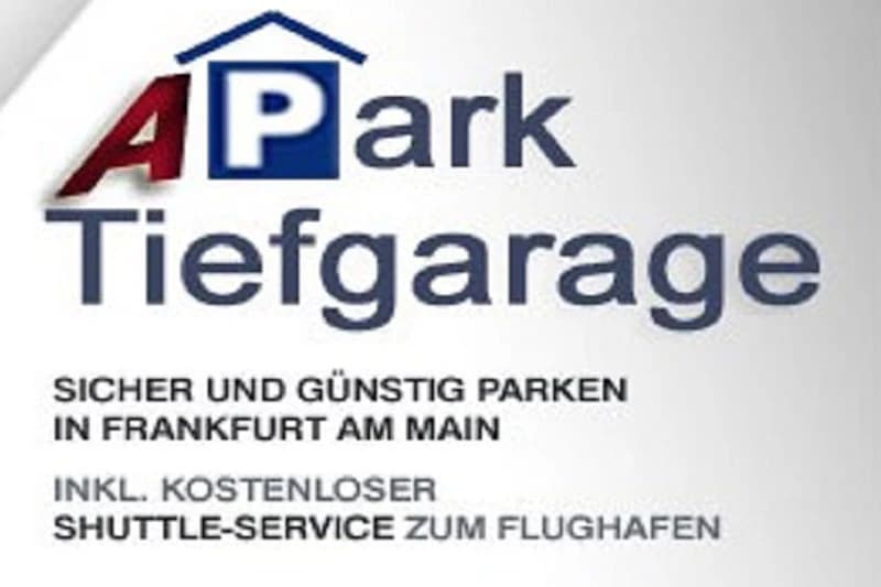 Logo APark Tiefgarage und Text zu sicherem Parken in Frankfurt am Main und kostenlosem Fahrdienst zum Flughafen.