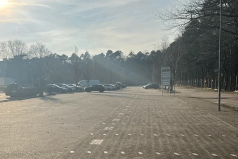 Weitläufiger Parkplatz mit einzelnen geparkten Autos links, breiter leerer Fahrweg und Baumreihe am Rand bei Sonnenschein.