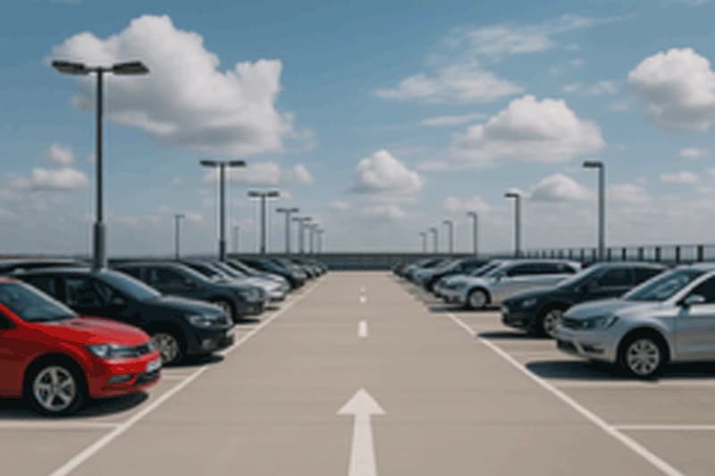Oberes Parkdeck mit zwei Reihen geparkter Autos, Mittelweg mit Richtungspfeil und Lampen unter Wolkenhimmel.
