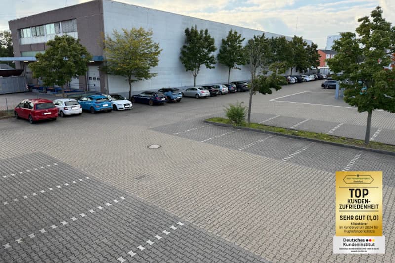 Gepflasterter Parkplatz mit vereinzelt geparkten Autos, Gebäudewand und Bäumen im Hintergrund.