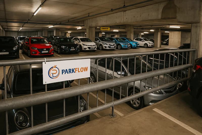 Überdachtes Parkdeck mit geparkten Autos und Metallgeländer mit Parkflow-Schild.