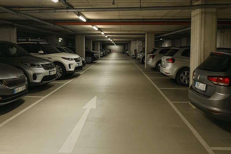 Überdachtes Parkdeck mit Mittelgang und Fahrpfeil, geparkte Autos beidseits und sichtbare Betonstützen.