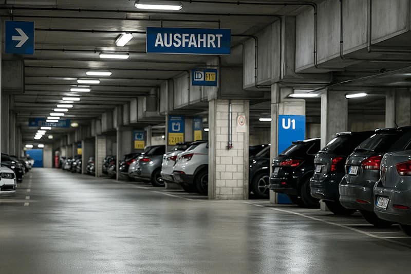 Überdachtes Parkhaus mit geparkten Autos, Betonstützen und blauem Ausfahrt-Schild.