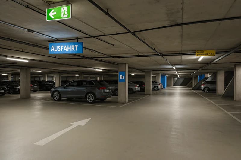 Überdachtes Parkdeck mit Reihen geparkter Autos, Betonpfeil auf Boden und Ausfahrt-Schild.