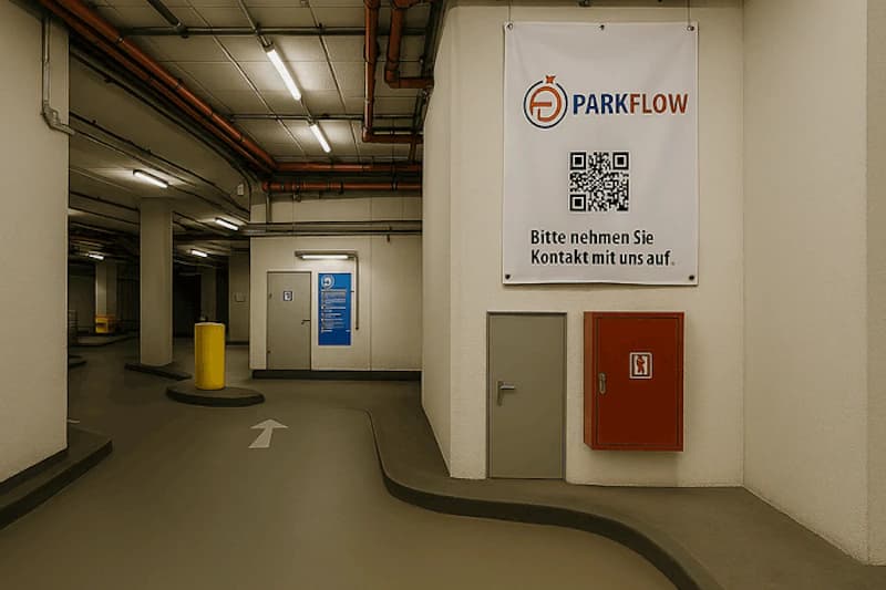 Überdachter Parkdeckgang mit Parkflow-Werbetafel, QR-Code, weißer Richtungspfeil und rotem Brandschrank.
