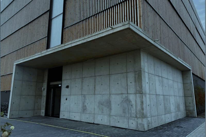 Eingangsbereich mit Sichtbetonwand, überdachtem Vorbau und dunkler Tür; Holzlamellenfassade darüber.