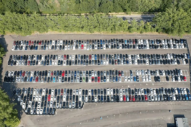 Vogelperspektive auf mehrere lange Reihen geparkter Autos auf asphaltierter Fläche neben einer Baumreihe.