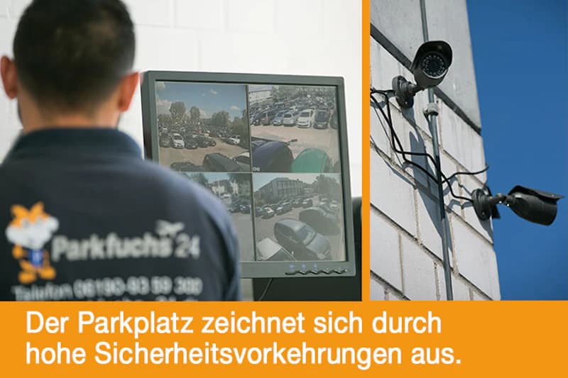 Person mit Parkfuchs24-Shirt sieht Monitor mit vier Parkkamerabildern; rechts zwei Außenkameras an einer Wand.
