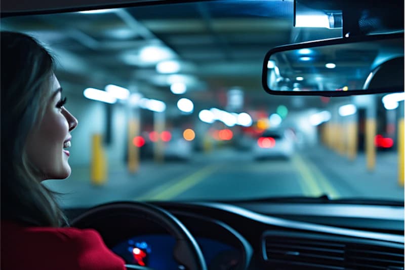 Fahrerin am Steuer in beleuchteter Tiefgarage, Blick über Armaturenbrett auf Fahrbahn und Pfeiler.