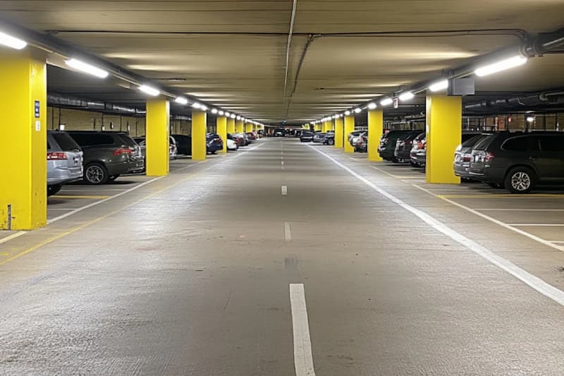 Weitblick in eine beleuchtete Tiefgarage mit gelben Säulen und rechts und links geparkten Autos.